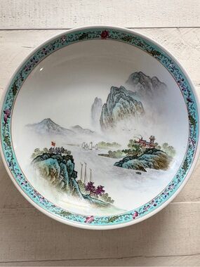 Chinese Familia Rose Mountain Water Scenic 9 Inch serving bowl